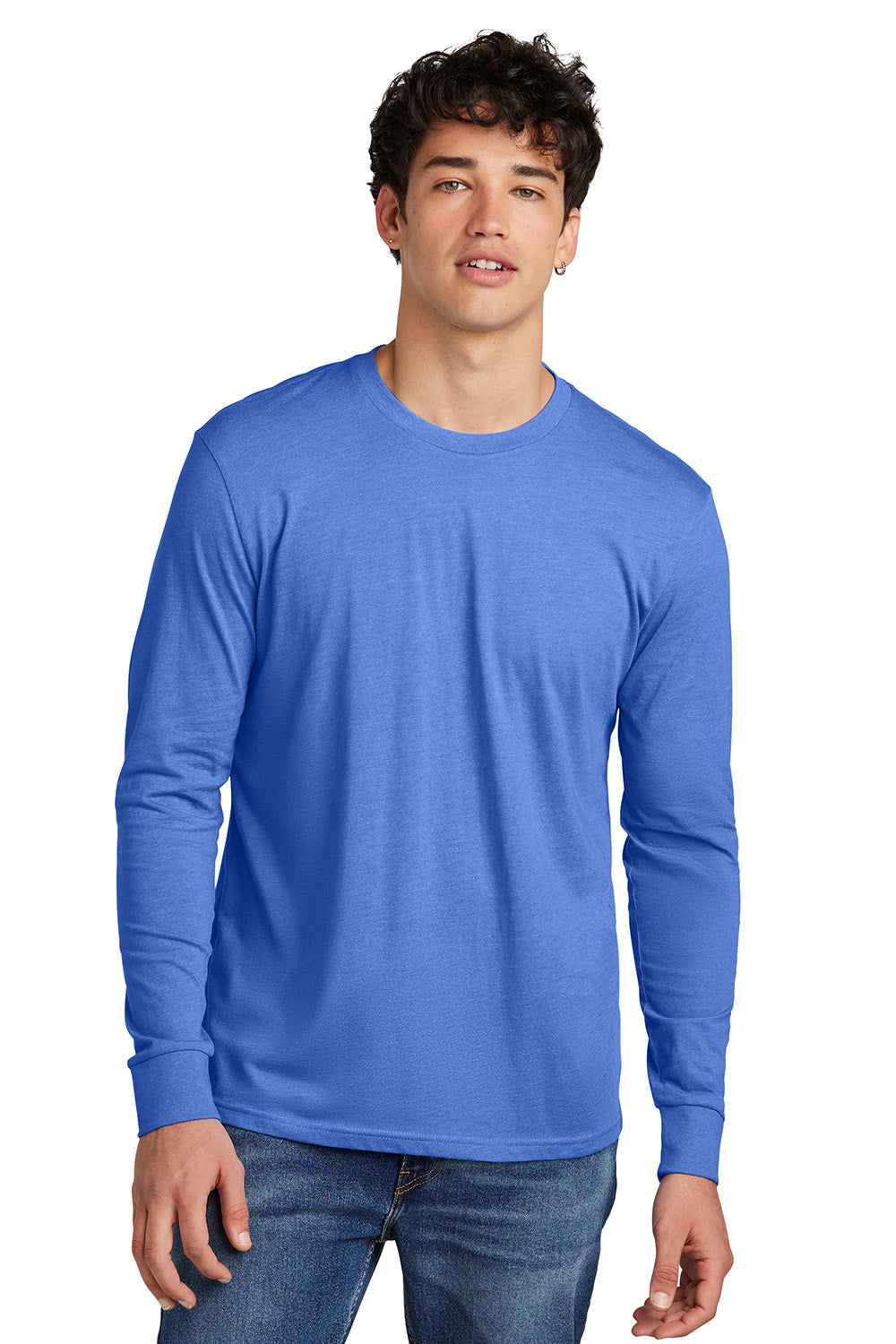 District DT109 Mens Perfect Blend CVC Long Sleeve Crewneck T-Shirt Heather Royal Blue Model Front