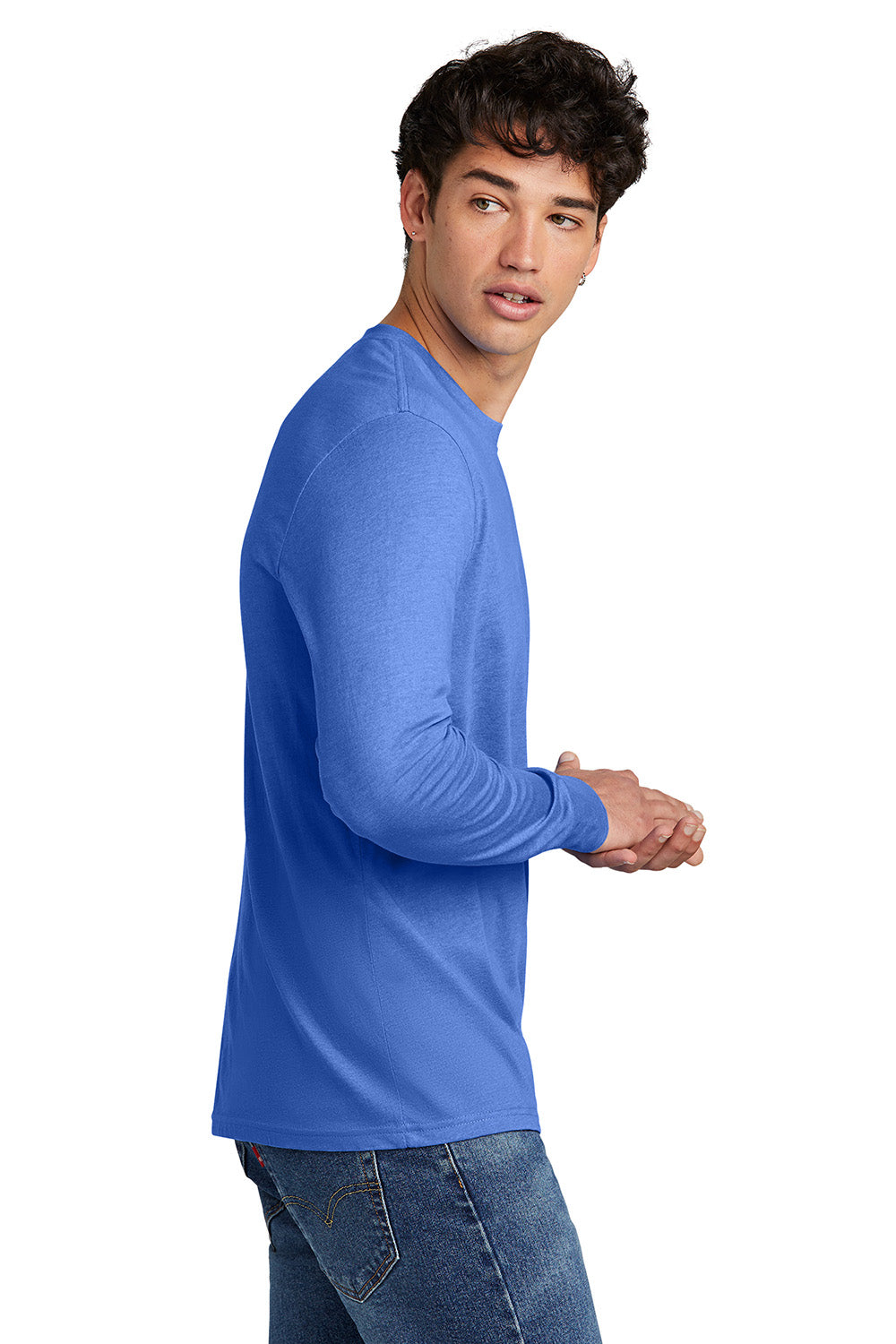 District DT109 Mens Perfect Blend CVC Long Sleeve Crewneck T-Shirt Heather Royal Blue Model Side