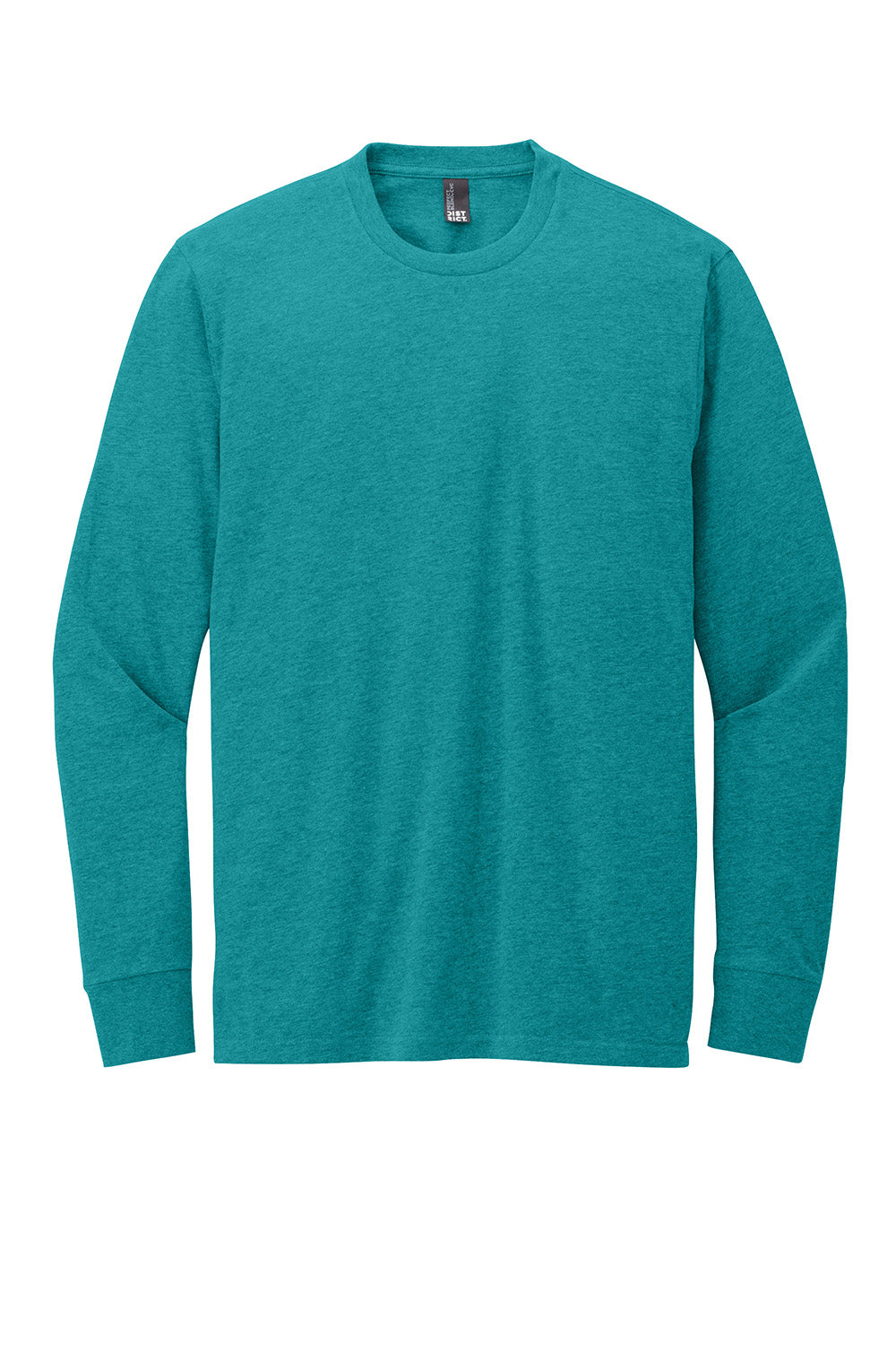 District DT109 Mens Perfect Blend CVC Long Sleeve Crewneck T-Shirt Heather Teal Blue Flat Front