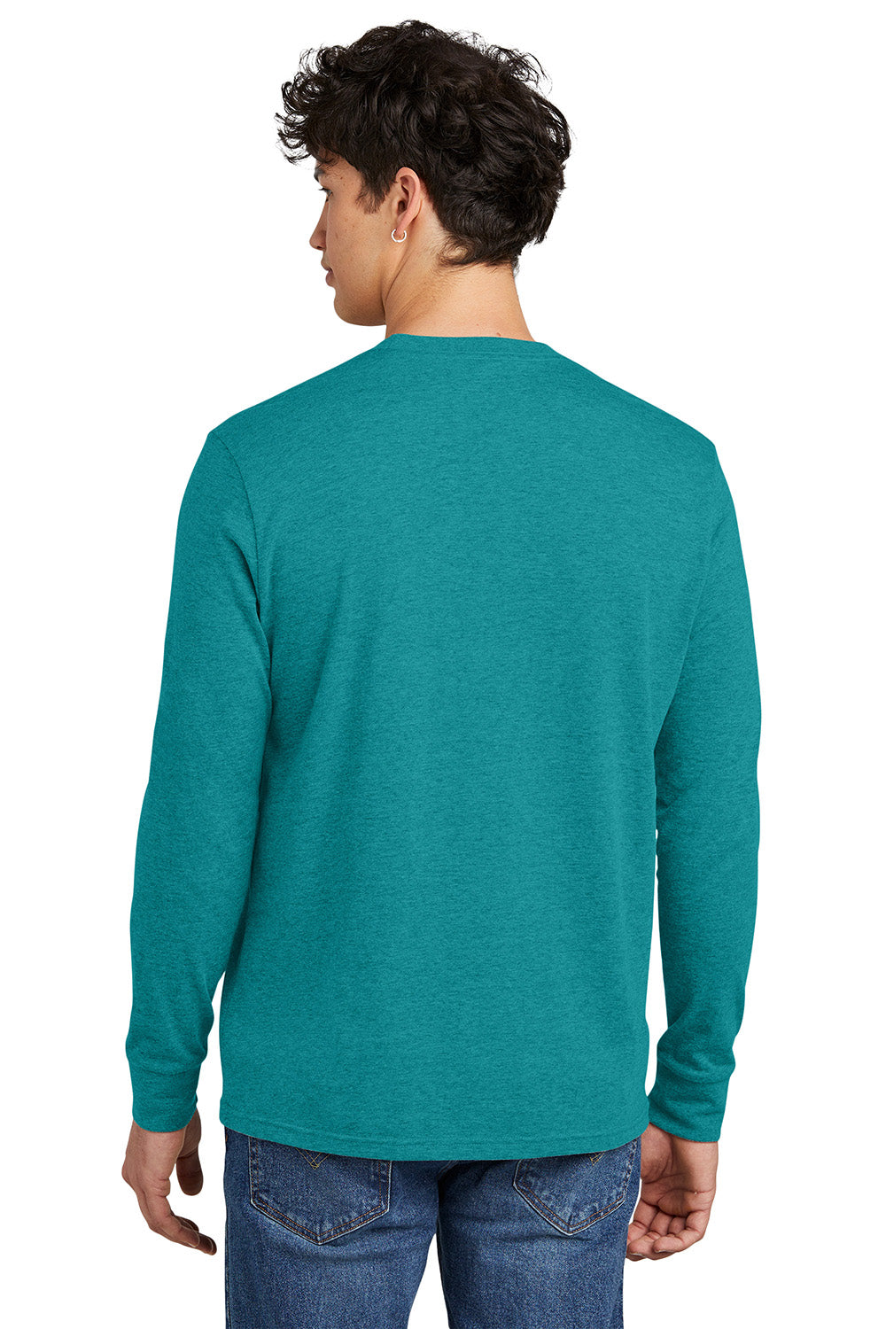 District DT109 Mens Perfect Blend CVC Long Sleeve Crewneck T-Shirt Heather Teal Blue Model Back