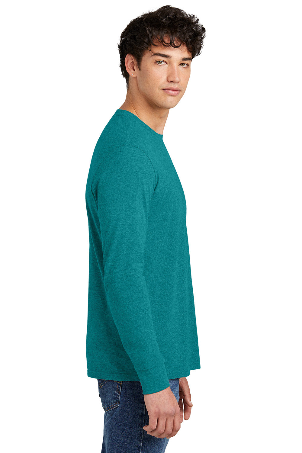 District DT109 Mens Perfect Blend CVC Long Sleeve Crewneck T-Shirt Heather Teal Blue Model Side