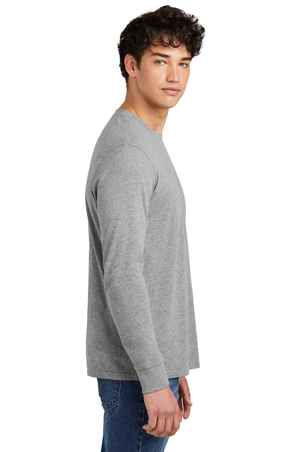 District DT109 Mens Perfect Blend CVC Long Sleeve Crewneck T-Shirt Heather Light Grey Model Side