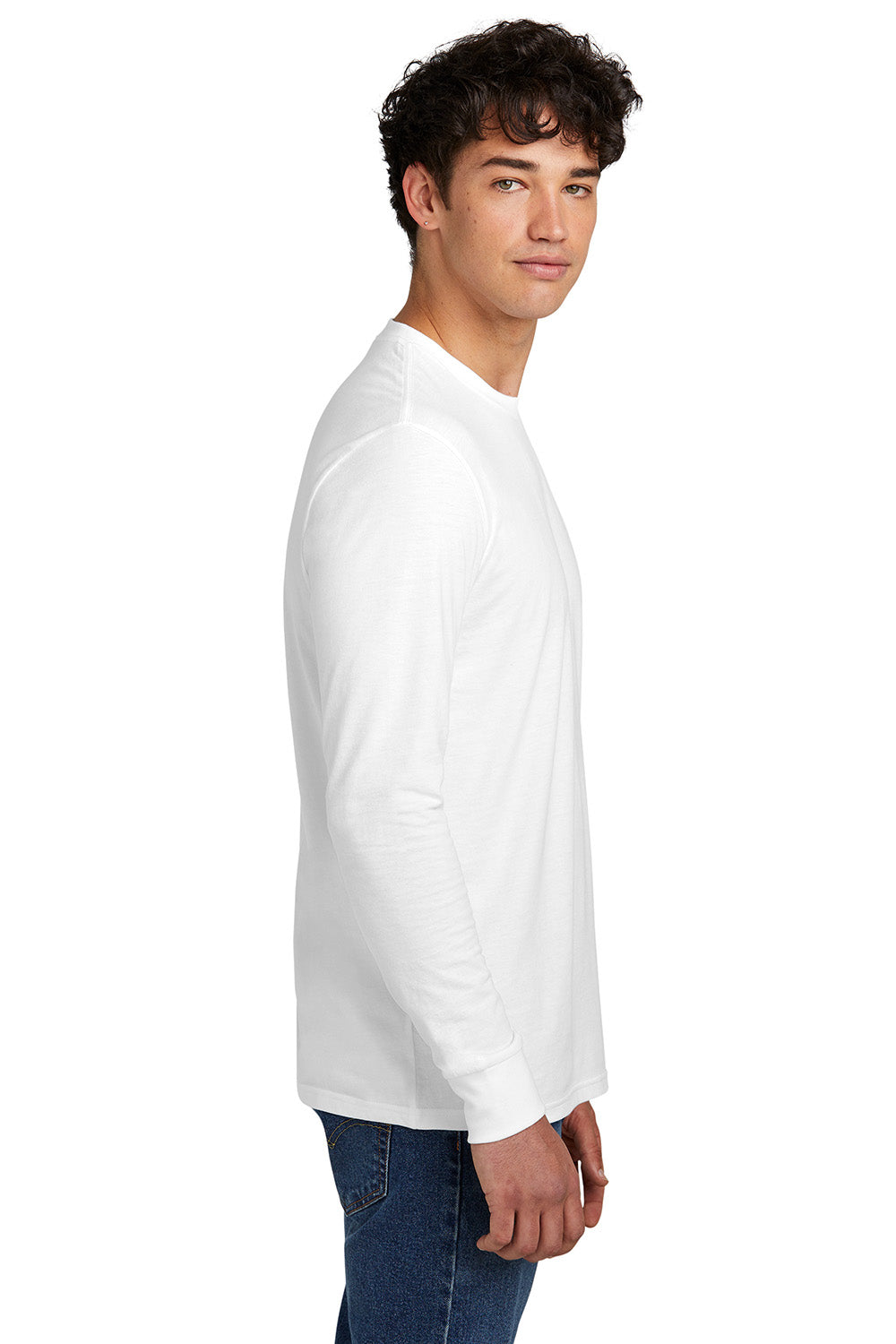 District DT109 Mens Perfect Blend CVC Long Sleeve Crewneck T-Shirt White Model Side