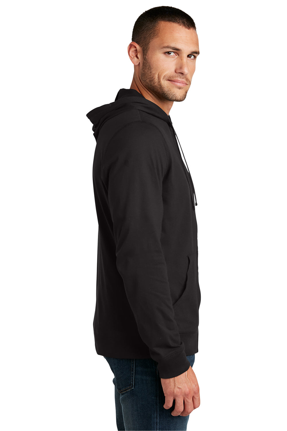 District DT1100 Mens Full Zip Hooded Sweatshirt Hoodie Black Model Side