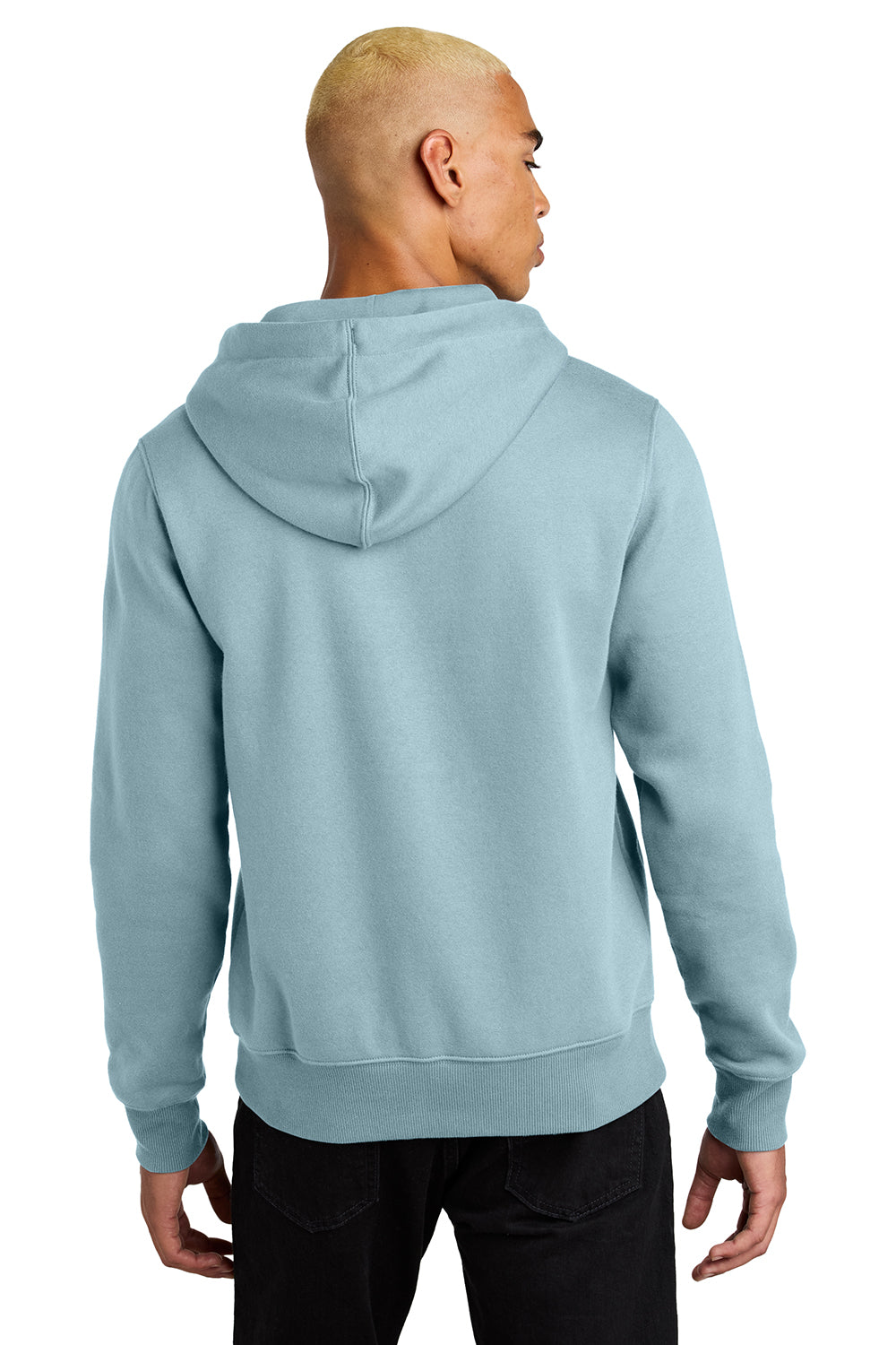 District DT1101 Mens Perfect Weight Fleece Hooded Sweatshirt Hoodie Fog Blue Model Back