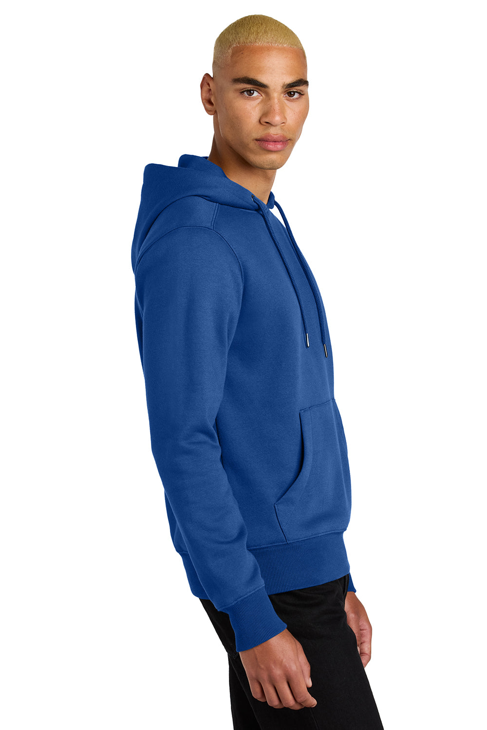 District DT1101 Mens Perfect Weight Fleece Hooded Sweatshirt Hoodie Deep Royal Blue Model Side