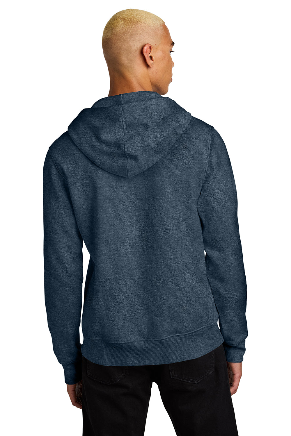 District DT1101 Mens Perfect Weight Fleece Hooded Sweatshirt Hoodie Heather Navy Blue Model Back