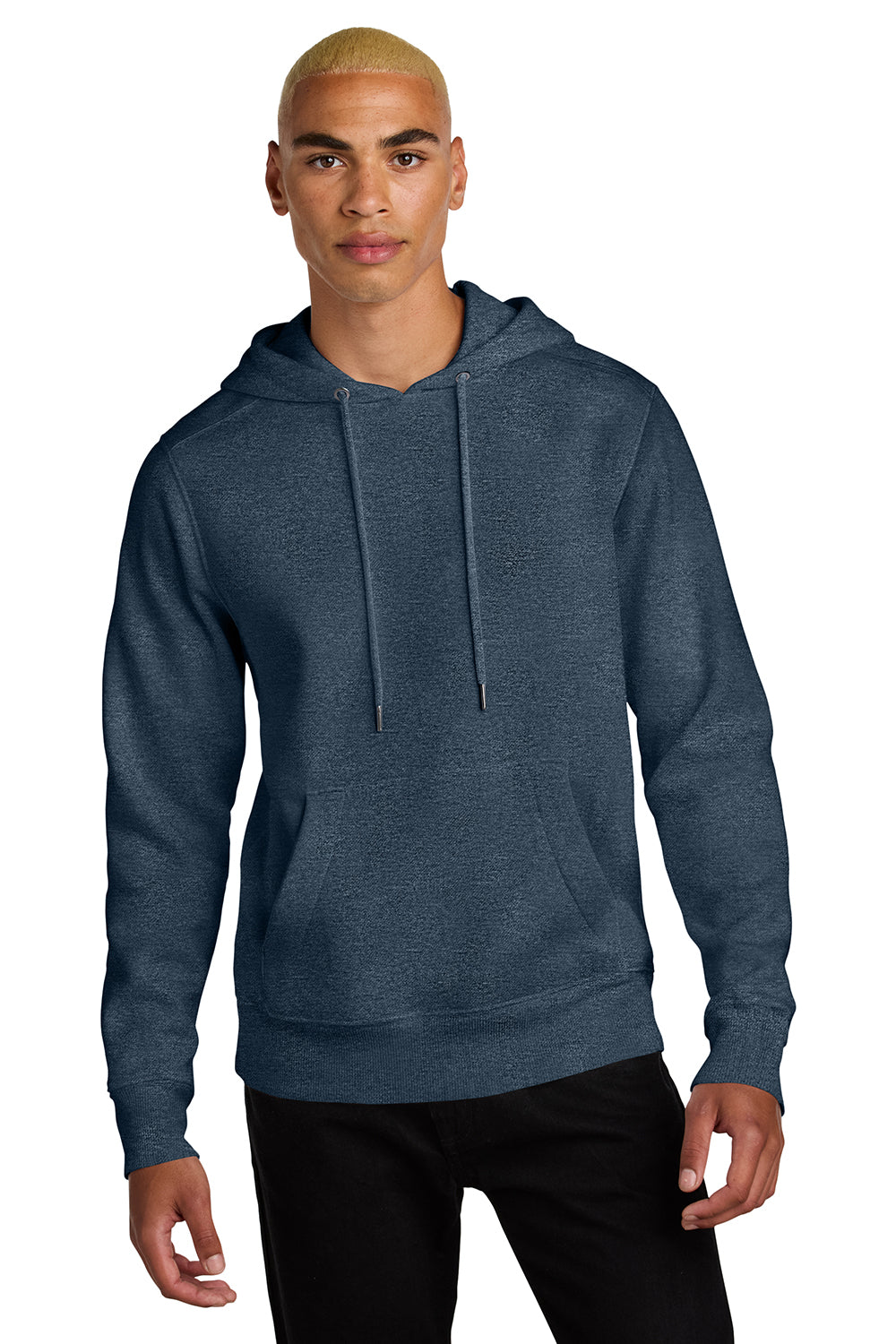 District DT1101 Mens Perfect Weight Fleece Hooded Sweatshirt Hoodie Heather Navy Blue Model Front