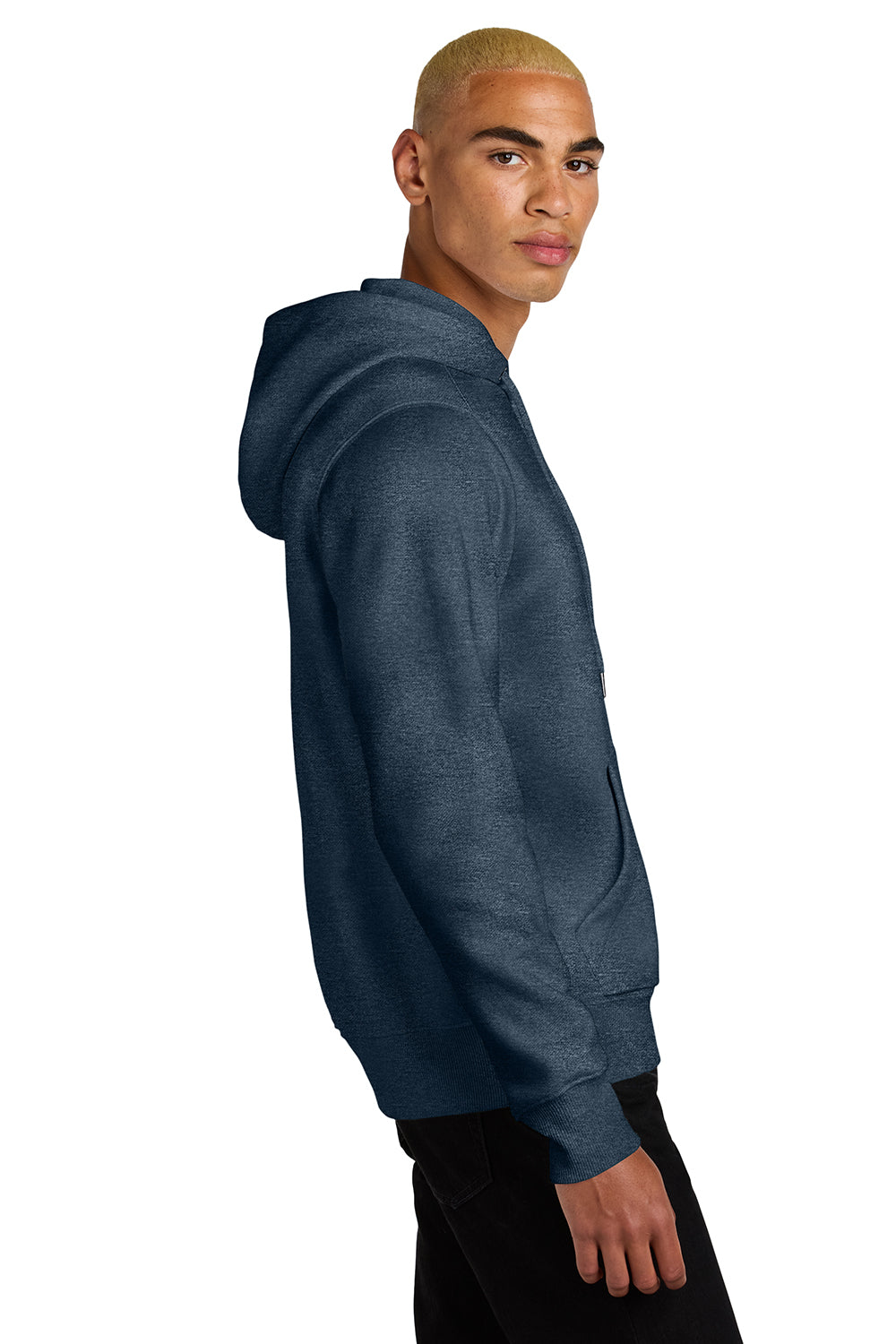 District DT1101 Mens Perfect Weight Fleece Hooded Sweatshirt Hoodie Heather Navy Blue Model Side