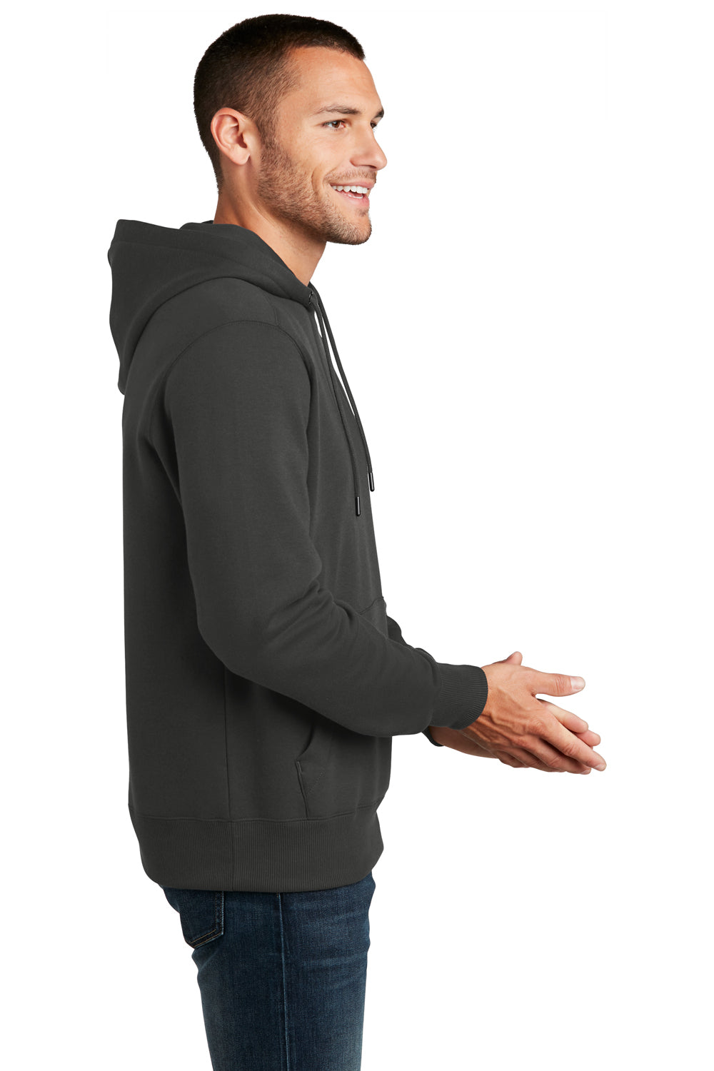 District DT1101 Mens Perfect Weight Fleece Hooded Sweatshirt Hoodie Charcoal Grey Model Side