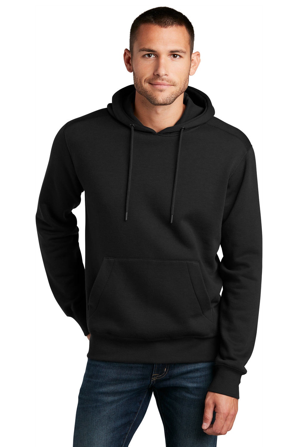 District DT1101 Mens Perfect Weight Fleece Hooded Sweatshirt Hoodie Jet Black Model Front