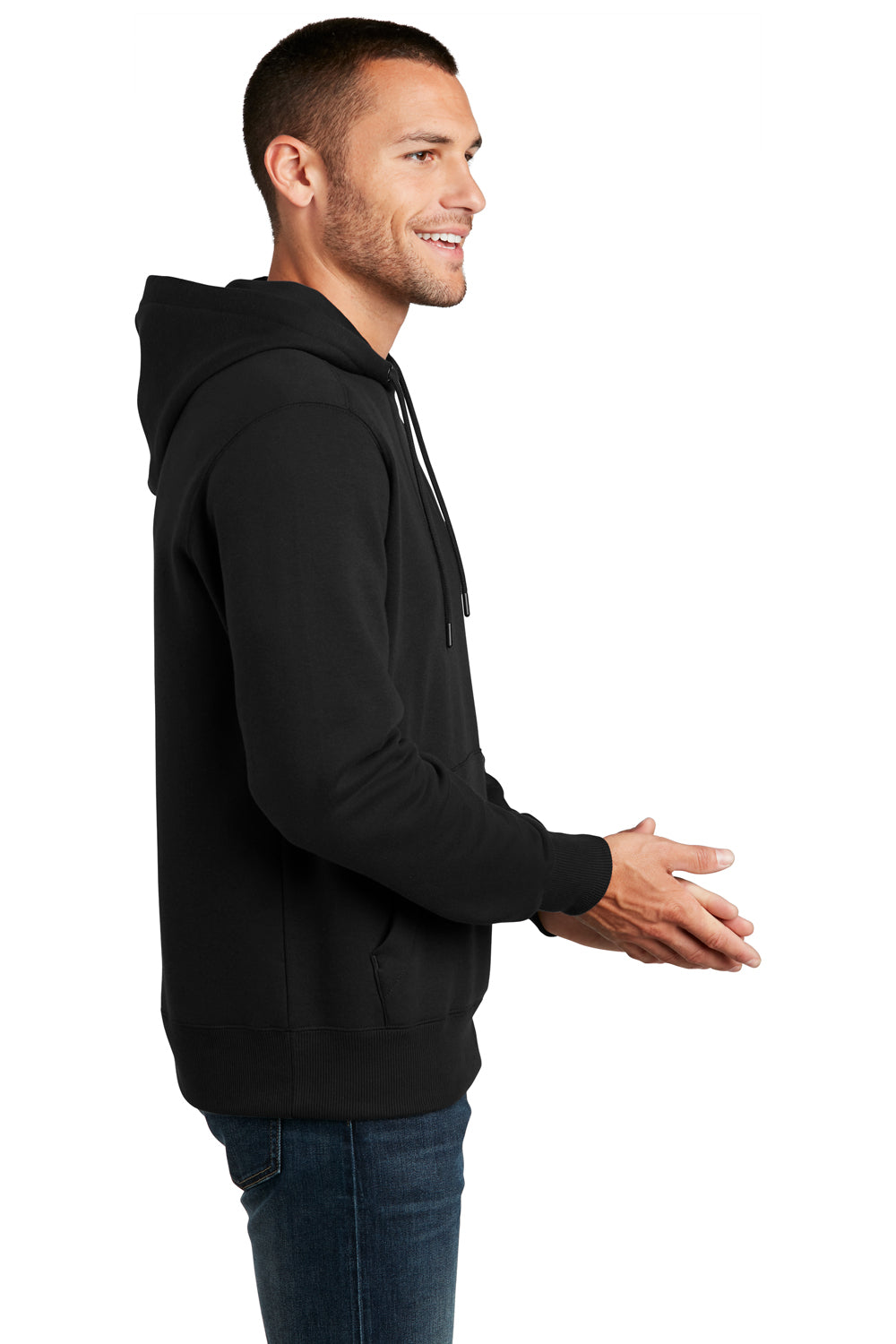 District DT1101 Mens Perfect Weight Fleece Hooded Sweatshirt Hoodie Jet Black Model Side