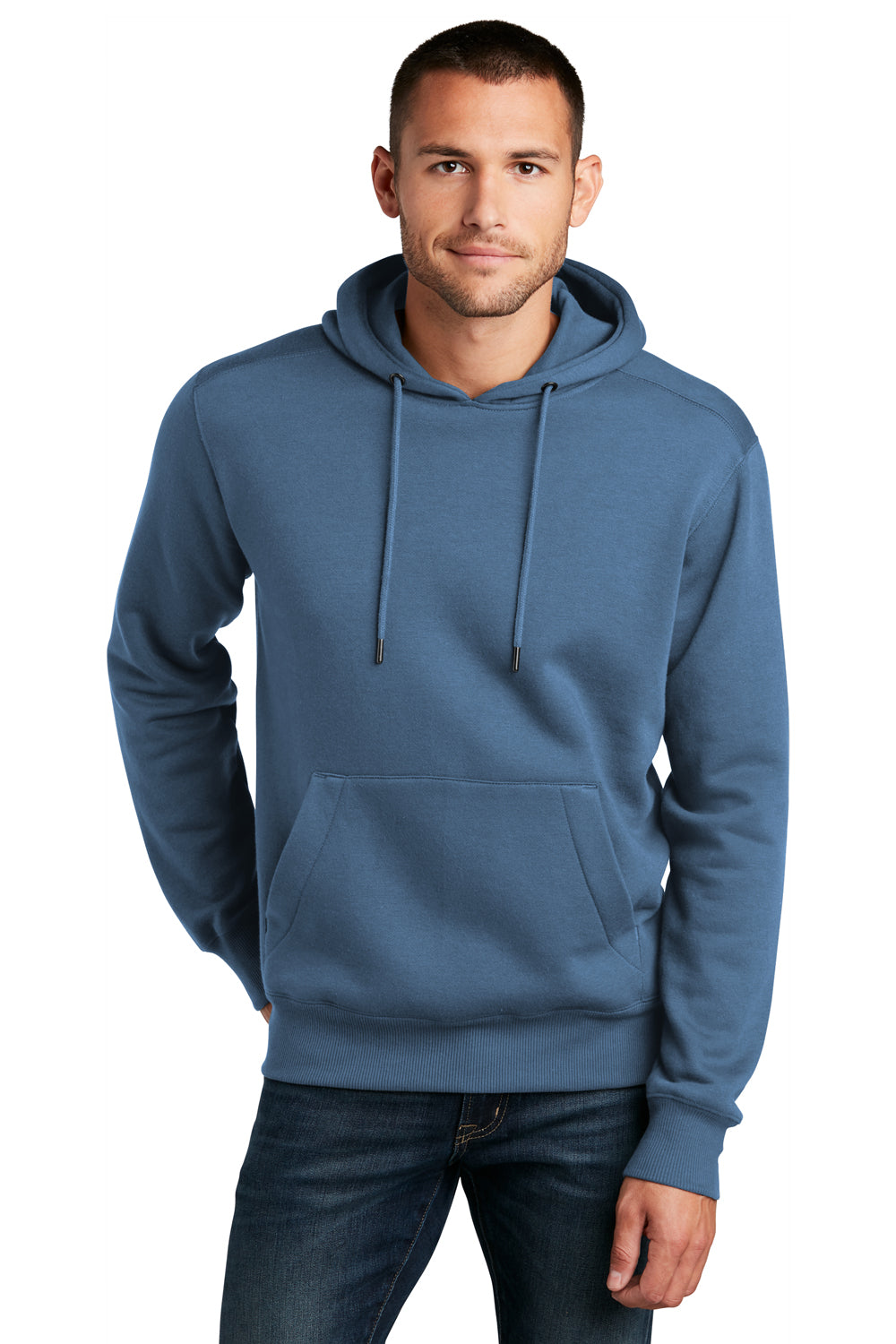 District DT1101 Mens Perfect Weight Fleece Hooded Sweatshirt Hoodie Maritime Blue Model Front