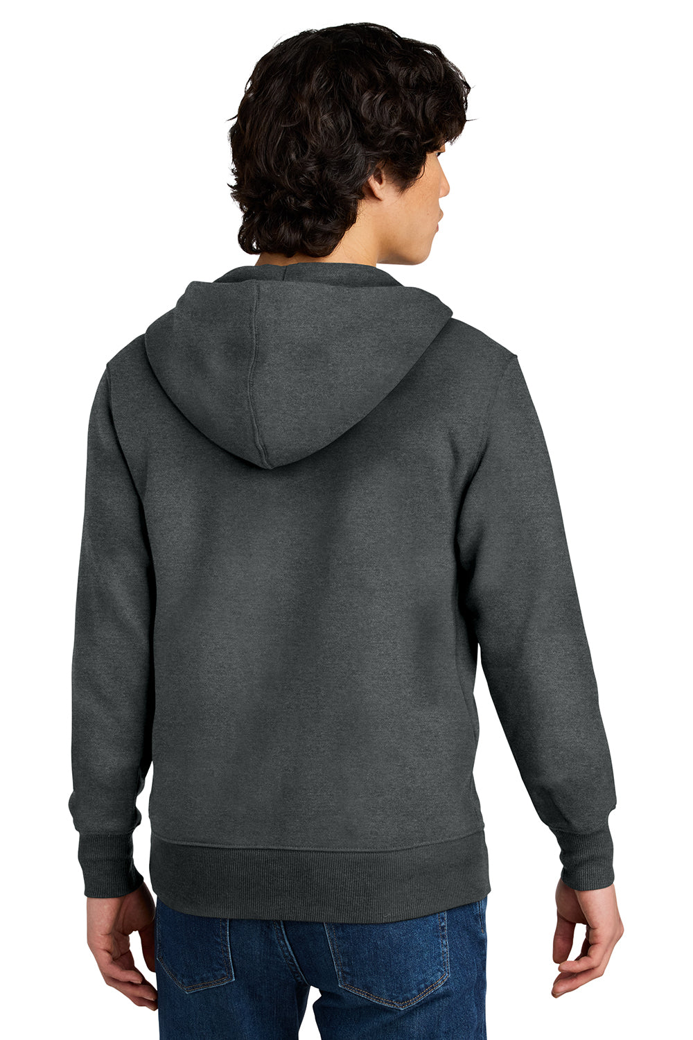 District DT1103 Mens Perfect Weight Fleece Full Zip Hooded Sweatshirt Hoodie Heather Charcoal Grey Model Back