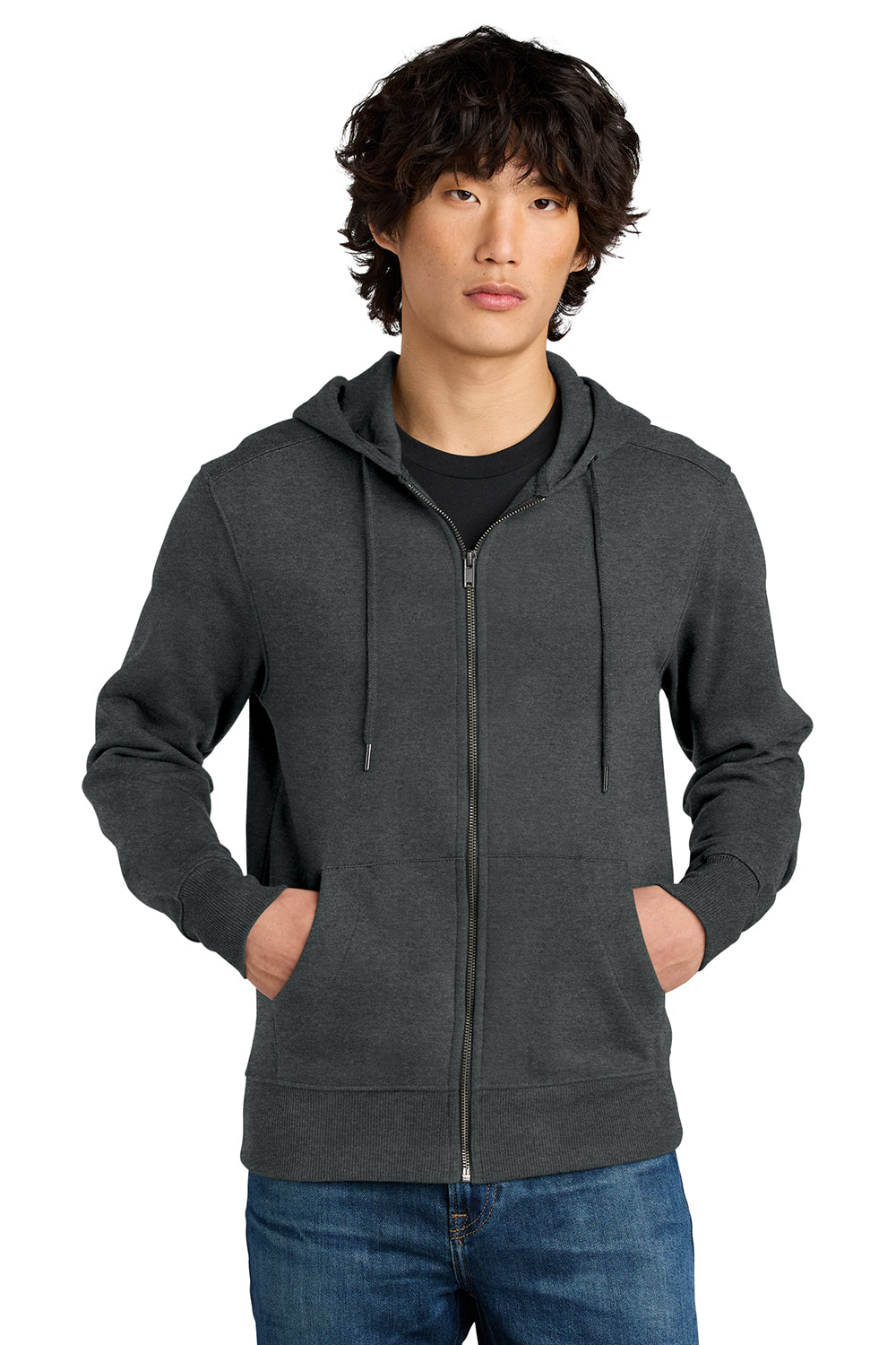 District DT1103 Mens Perfect Weight Fleece Full Zip Hooded Sweatshirt Hoodie Heather Charcoal Grey Model Front