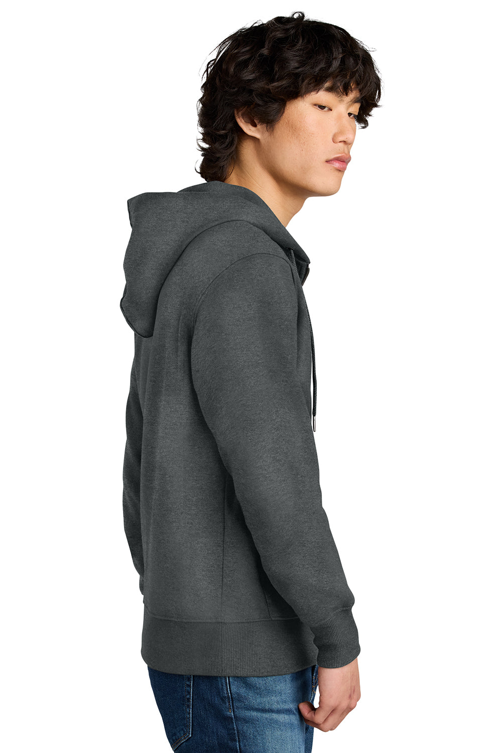 District DT1103 Mens Perfect Weight Fleece Full Zip Hooded Sweatshirt Hoodie Heather Charcoal Grey Model Side