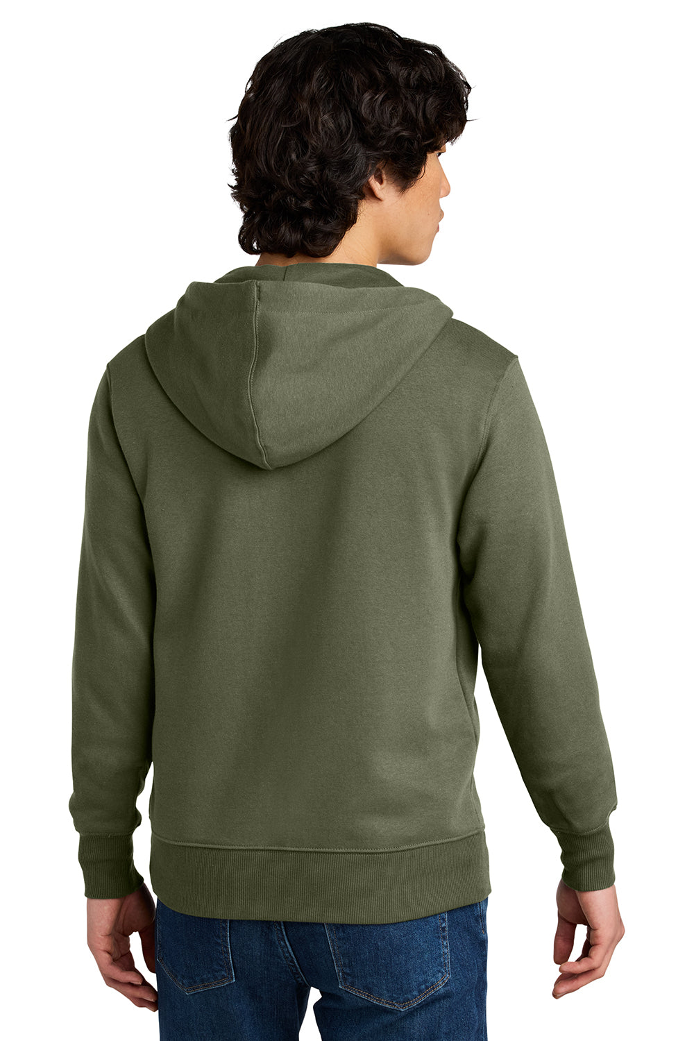 District DT1103 Mens Perfect Weight Fleece Full Zip Hooded Sweatshirt Hoodie Military Green Model Back