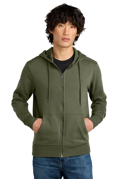 District DT1103 Mens Perfect Weight Fleece Full Zip Hooded Sweatshirt Hoodie Military Green Model Front