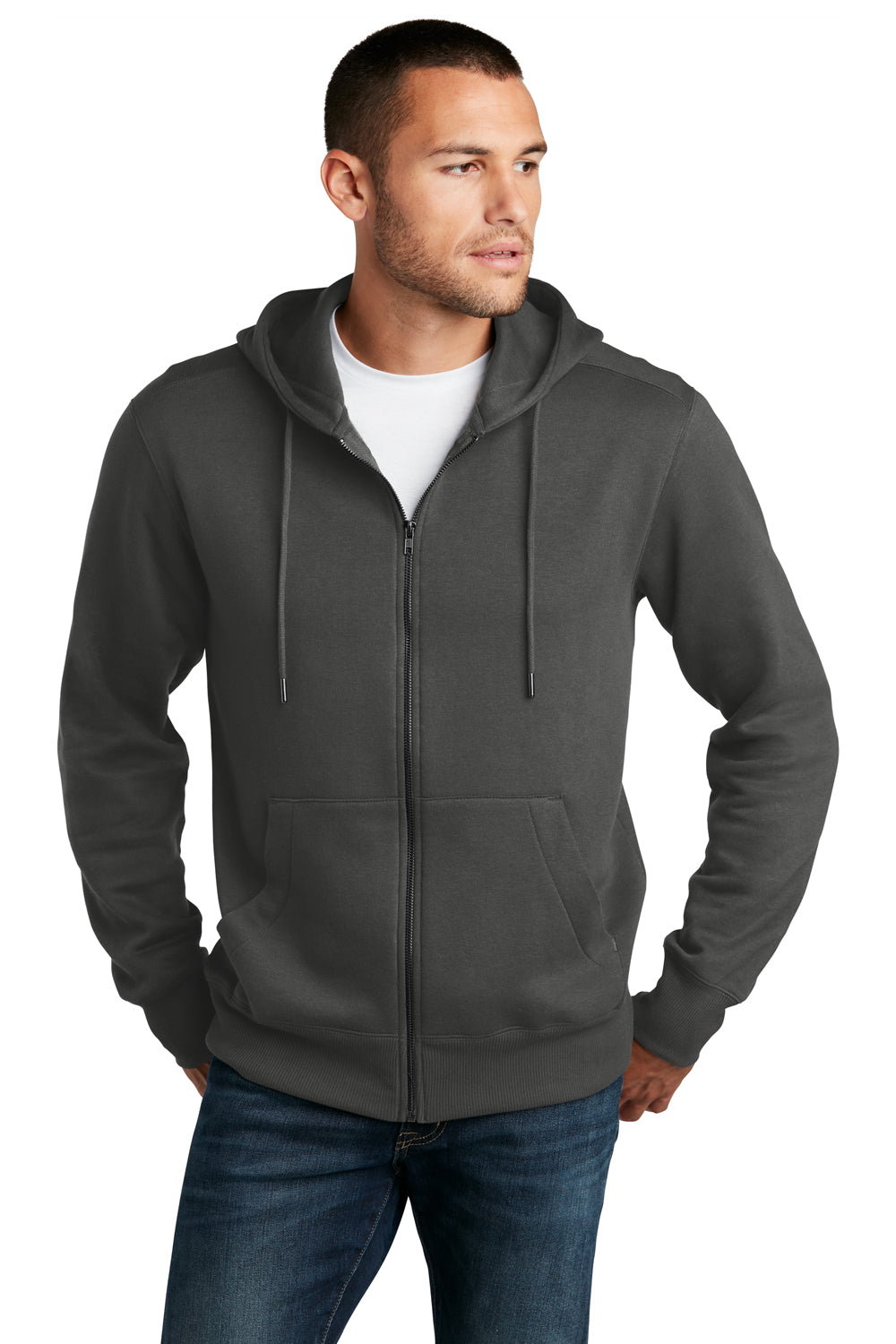 District DT1103 Mens Perfect Weight Fleece Full Zip Hooded Sweatshirt Hoodie Charcoal Grey Model Front