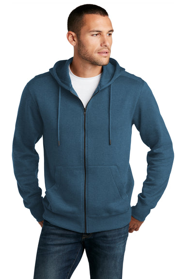 District DT1103 Mens Perfect Weight Fleece Full Zip Hooded Sweatshirt Hoodie Heather Poseidon Blue Model Front