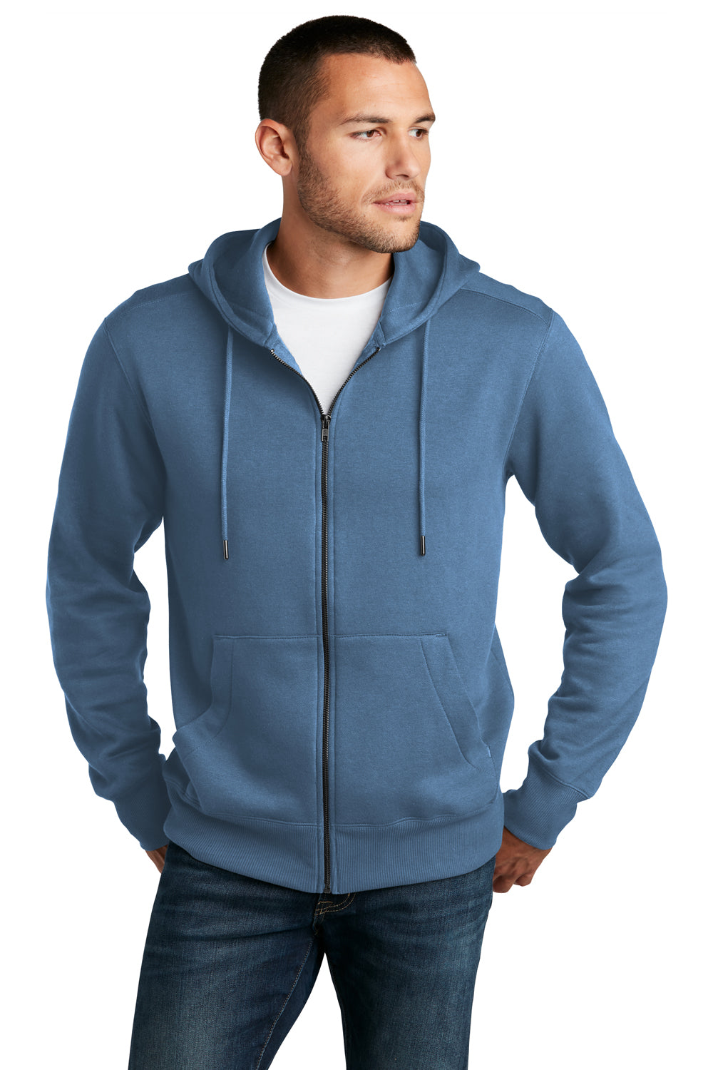 District DT1103 Mens Perfect Weight Fleece Full Zip Hooded Sweatshirt Hoodie Maritime Blue Model Front