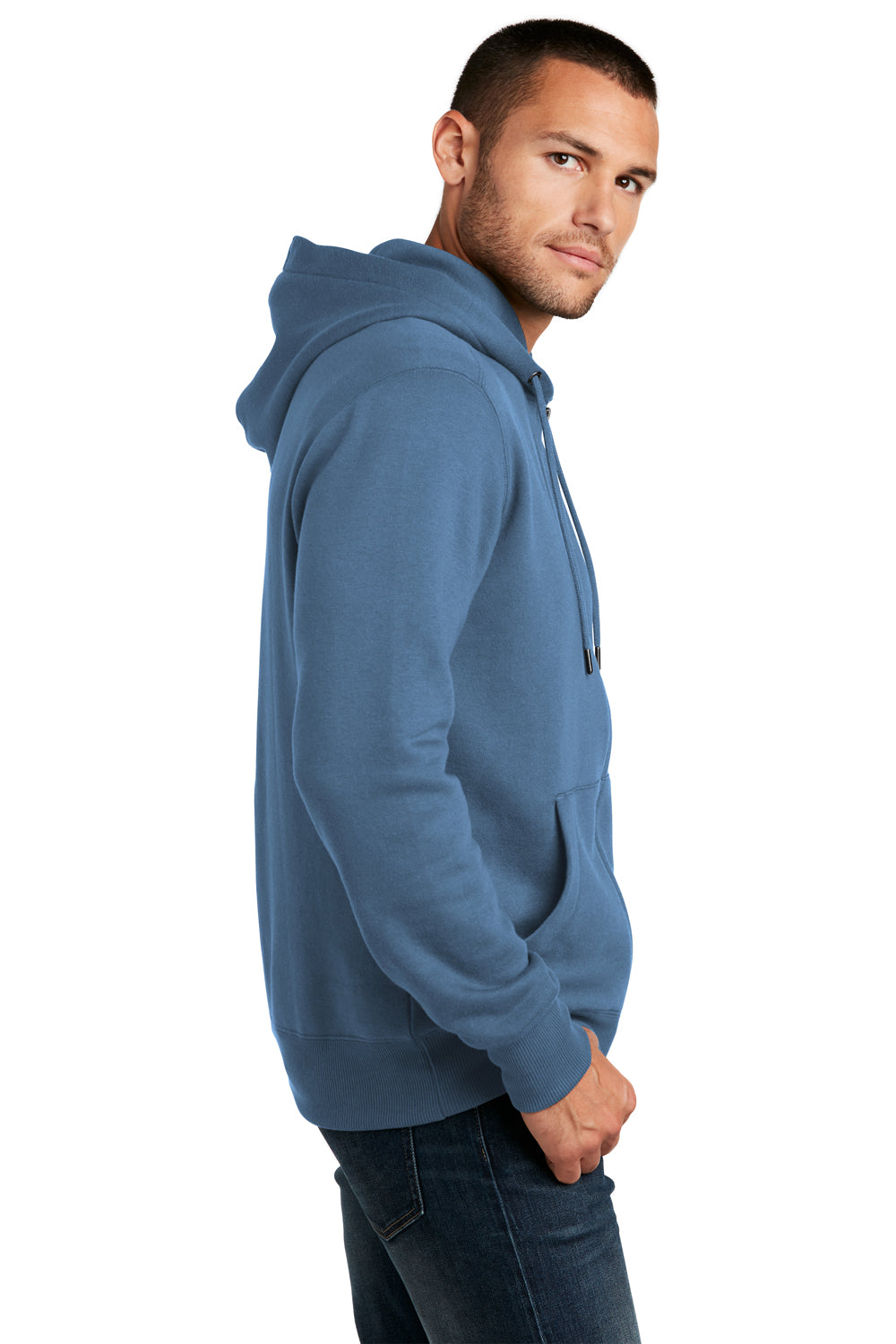 District DT1103 Mens Perfect Weight Fleece Full Zip Hooded Sweatshirt Hoodie Maritime Blue Model Side