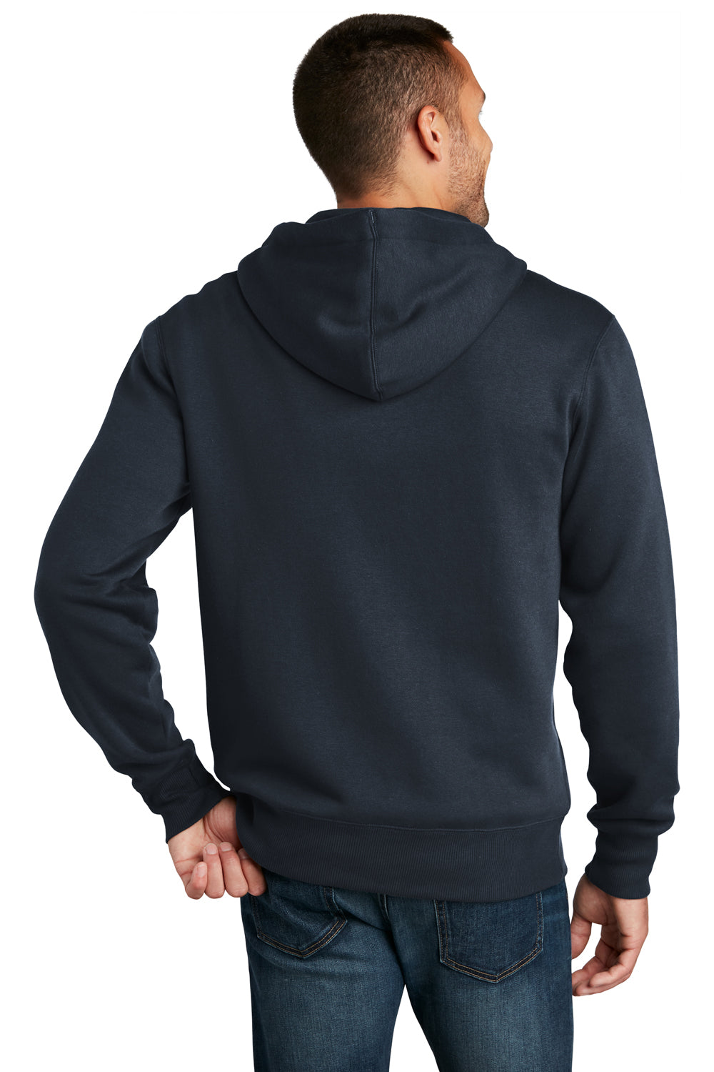 District DT1103 Mens Perfect Weight Fleece Full Zip Hooded Sweatshirt Hoodie New Navy Blue Model Back