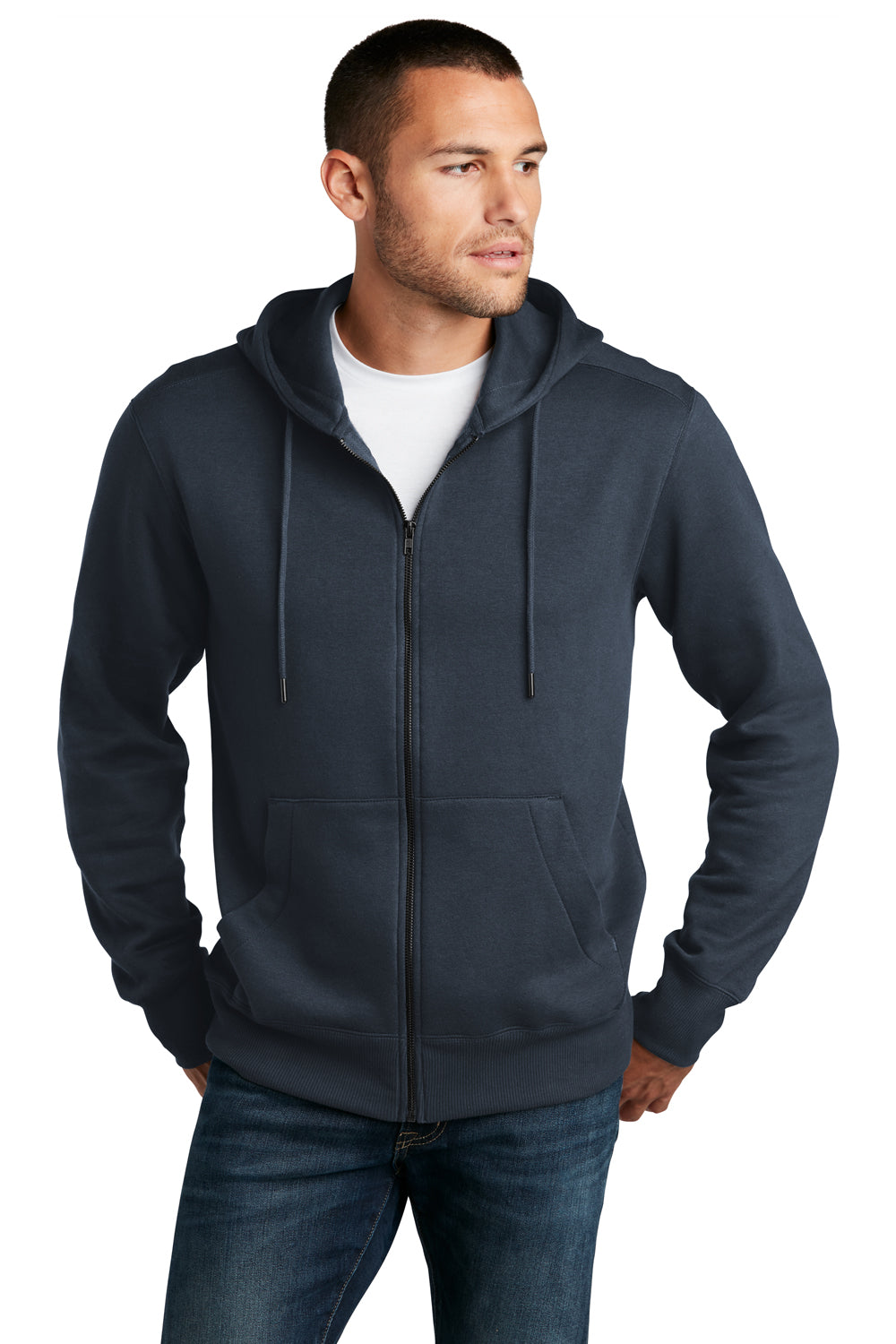 District DT1103 Mens Perfect Weight Fleece Full Zip Hooded Sweatshirt Hoodie New Navy Blue Model Front