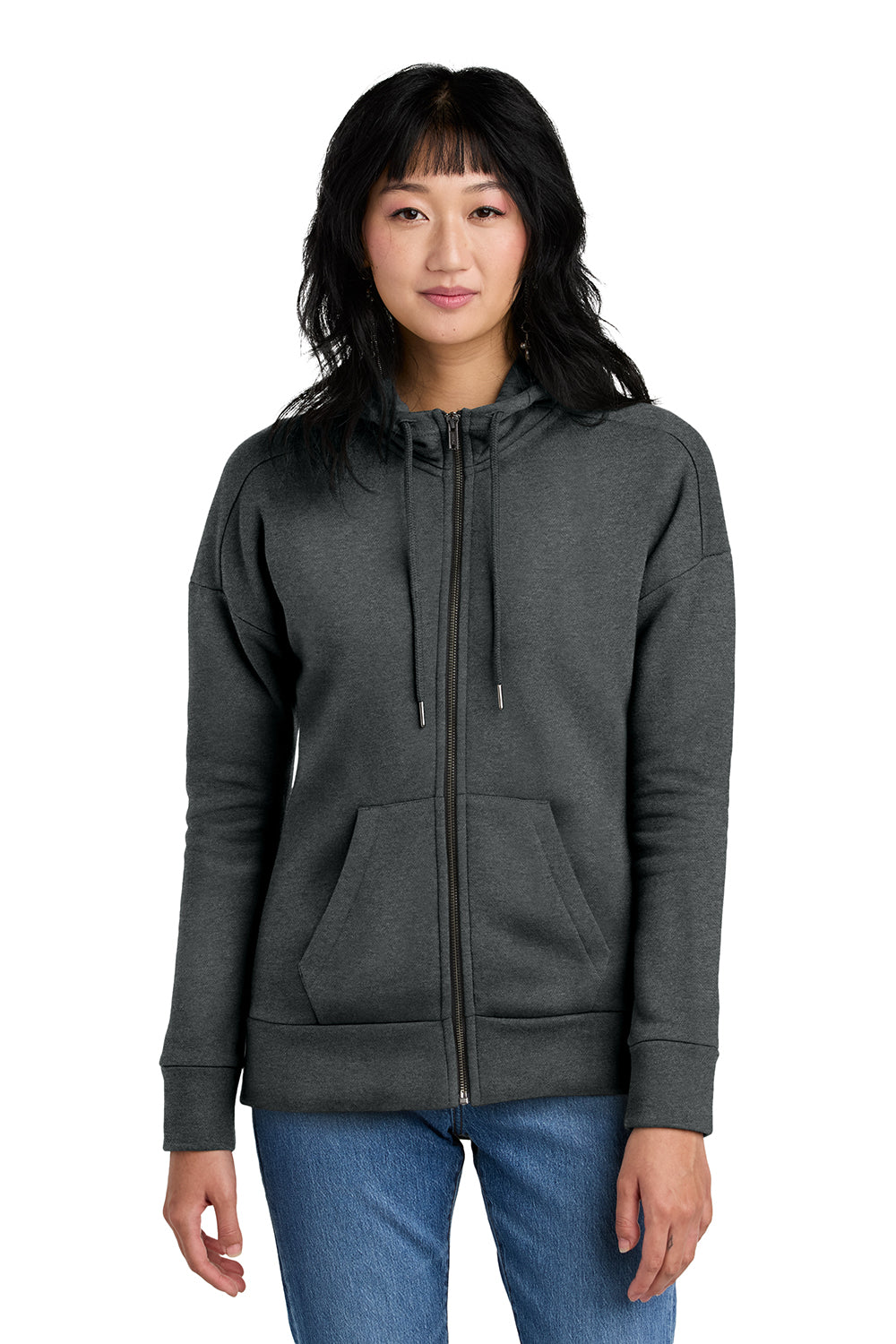 District DT1104 Womens Perfect Weight Fleece Full Zip Hooded Sweatshirt Hoodie Heather Charcoal Grey Model Front