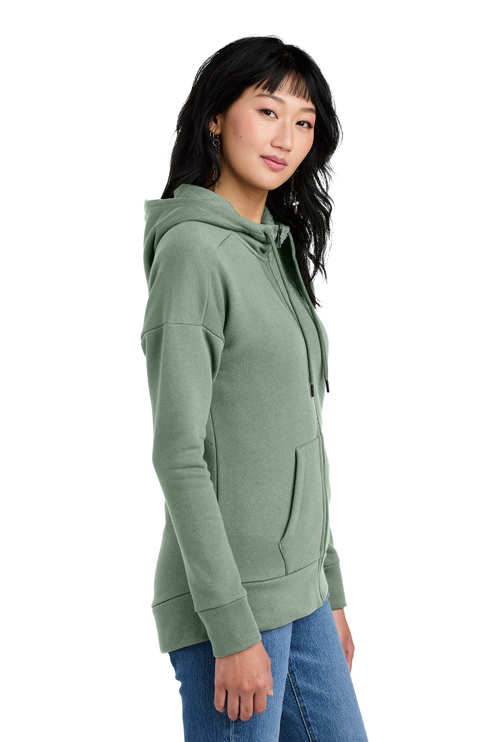 District DT1104 Womens Perfect Weight Fleece Full Zip Hooded Sweatshirt Hoodie Laurel Green Model Side