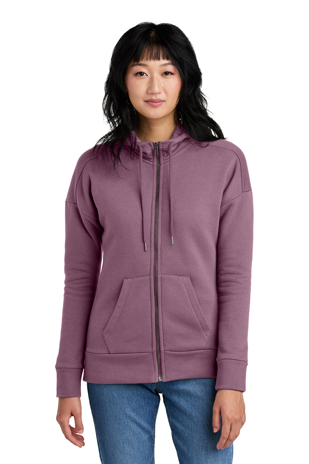 District DT1104 Womens Perfect Weight Fleece Full Zip Hooded Sweatshirt Hoodie Orchid Haze Model Front