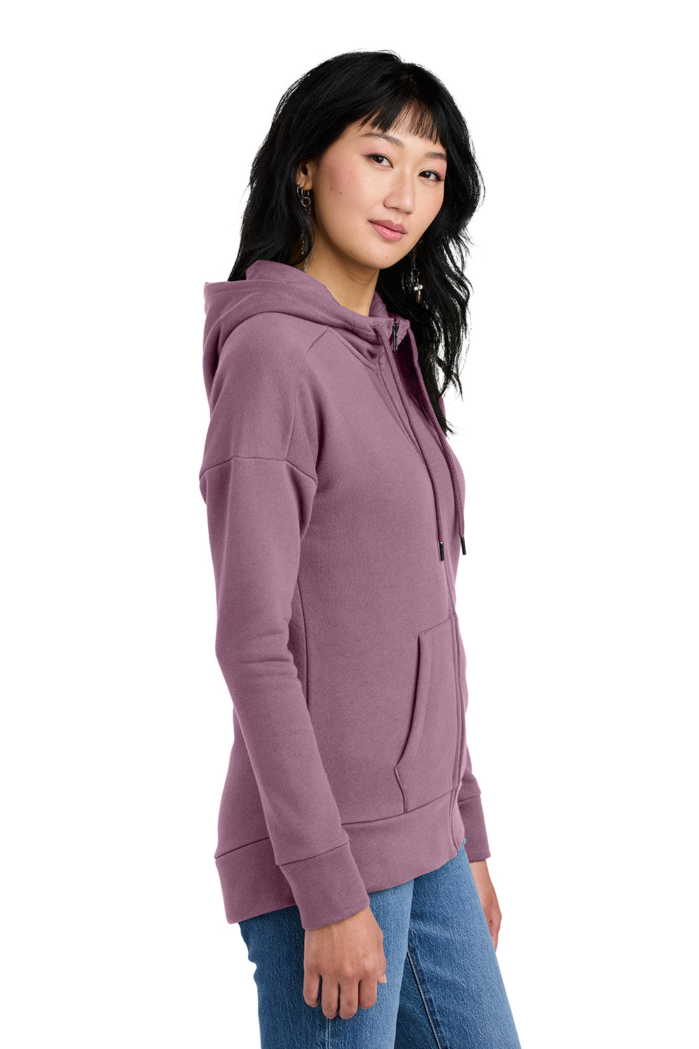 District DT1104 Womens Perfect Weight Fleece Full Zip Hooded Sweatshirt Hoodie Orchid Haze Model Side