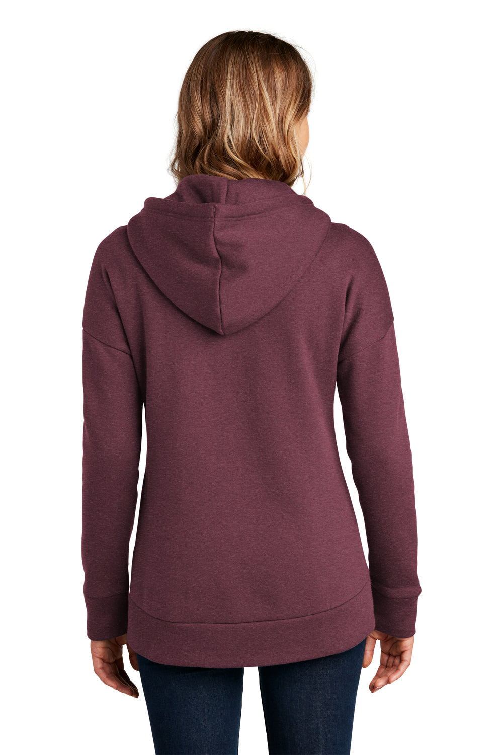 District DT1104 Womens Perfect Weight Fleece Full Zip Hooded Sweatshirt Hoodie Heather Loganberry Model Back