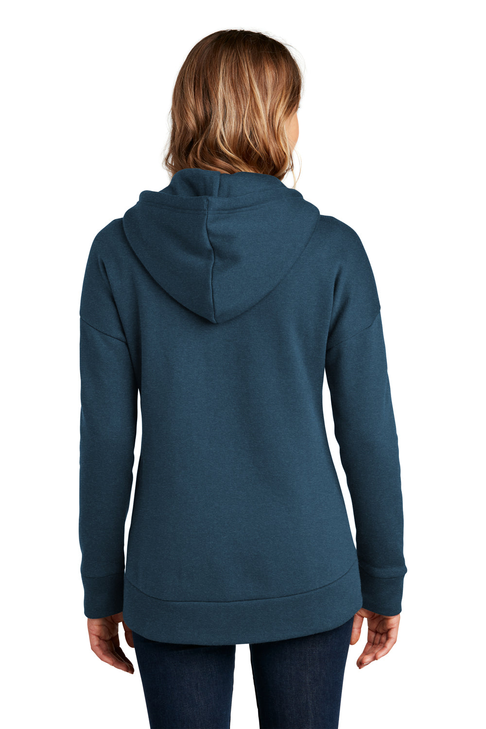 District DT1104 Womens Perfect Weight Fleece Full Zip Hooded Sweatshirt Hoodie Heather Poseidon Blue Model Back