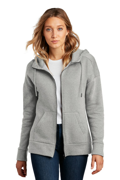 District DT1104 Womens Perfect Weight Fleece Full Zip Hooded Sweatshirt Hoodie Heather Steel Grey Model Front