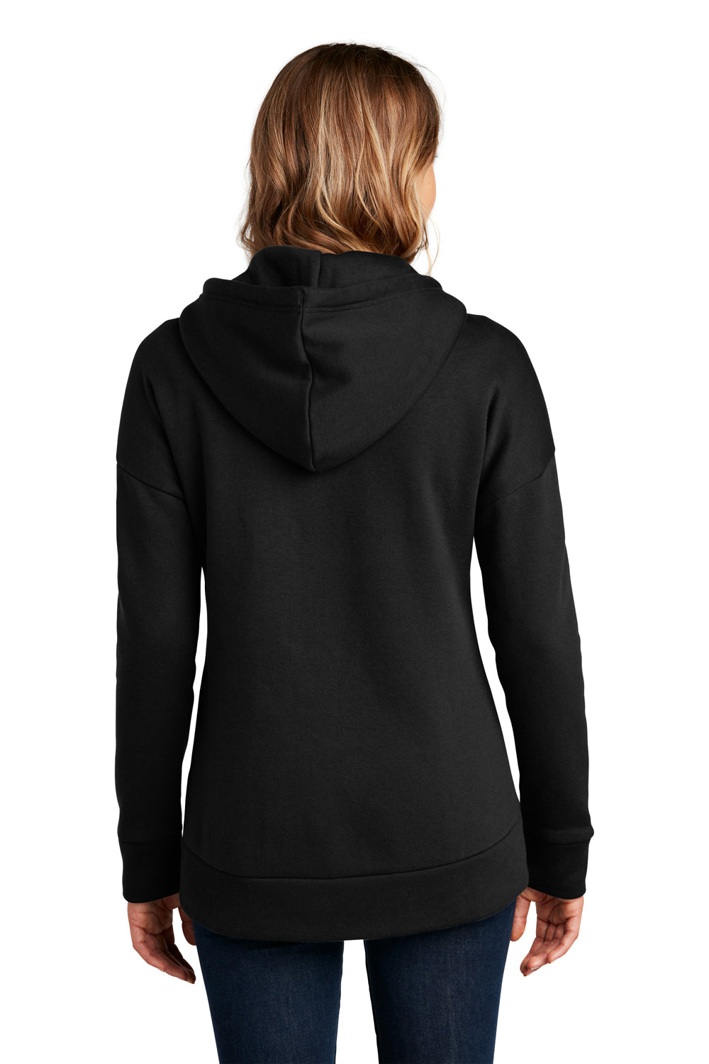 District DT1104 Womens Perfect Weight Fleece Full Zip Hooded Sweatshirt Hoodie Jet Black Model Back