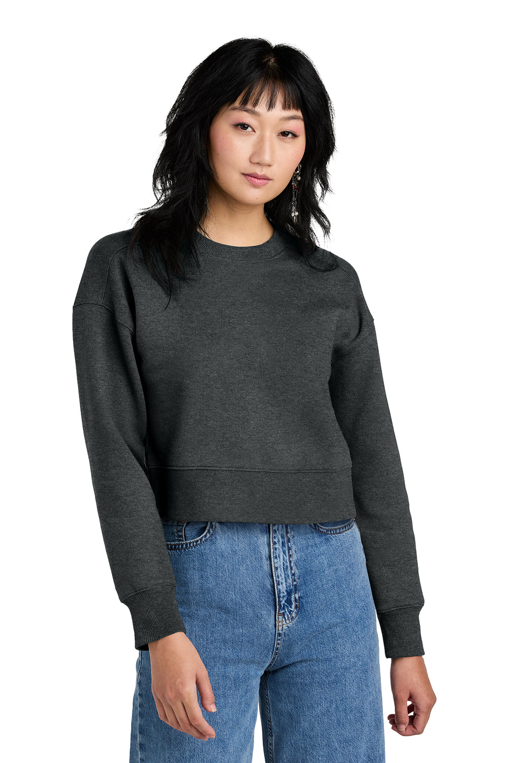 District DT1105 Womens Perfect Weight Fleece Cropped Crewneck Sweatshirt Heather Charcoal Grey Model Front