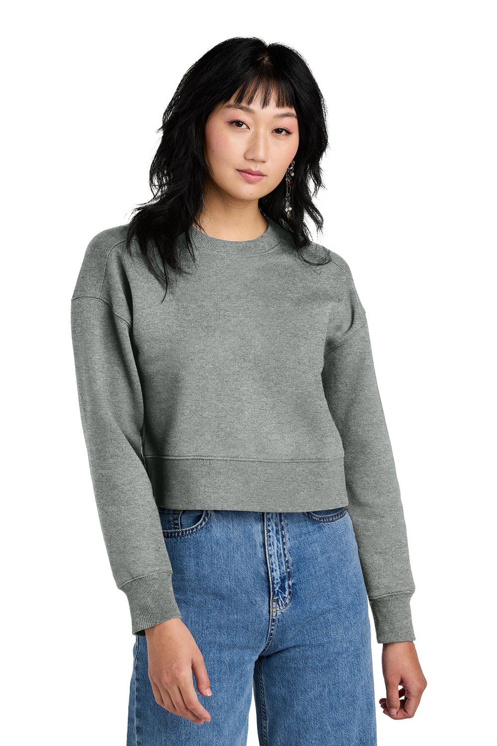 District DT1105 Womens Perfect Weight Fleece Cropped Crewneck Sweatshirt Heather Steel Grey Model Front