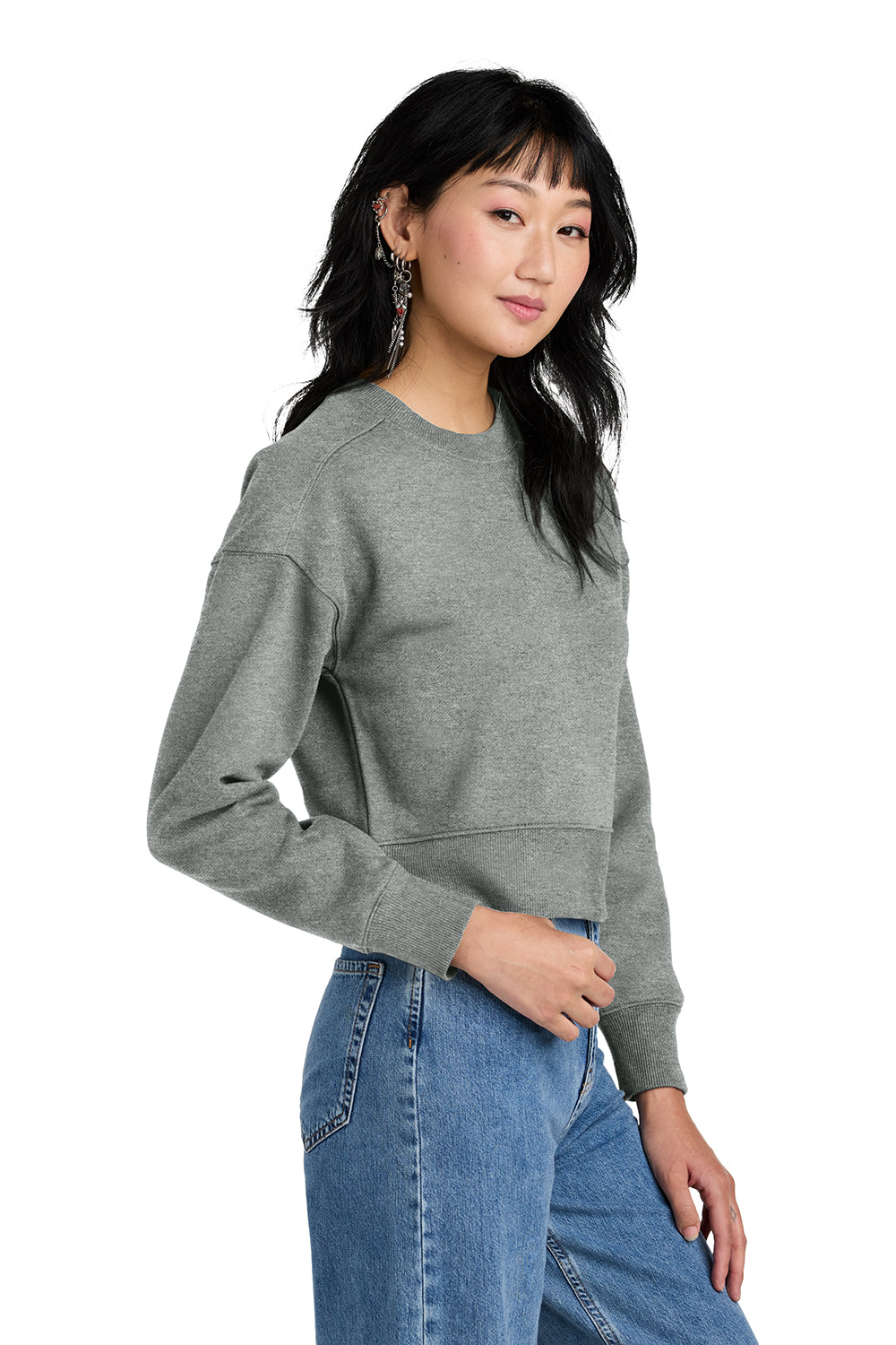 District DT1105 Womens Perfect Weight Fleece Cropped Crewneck Sweatshirt Heather Steel Grey Model Side