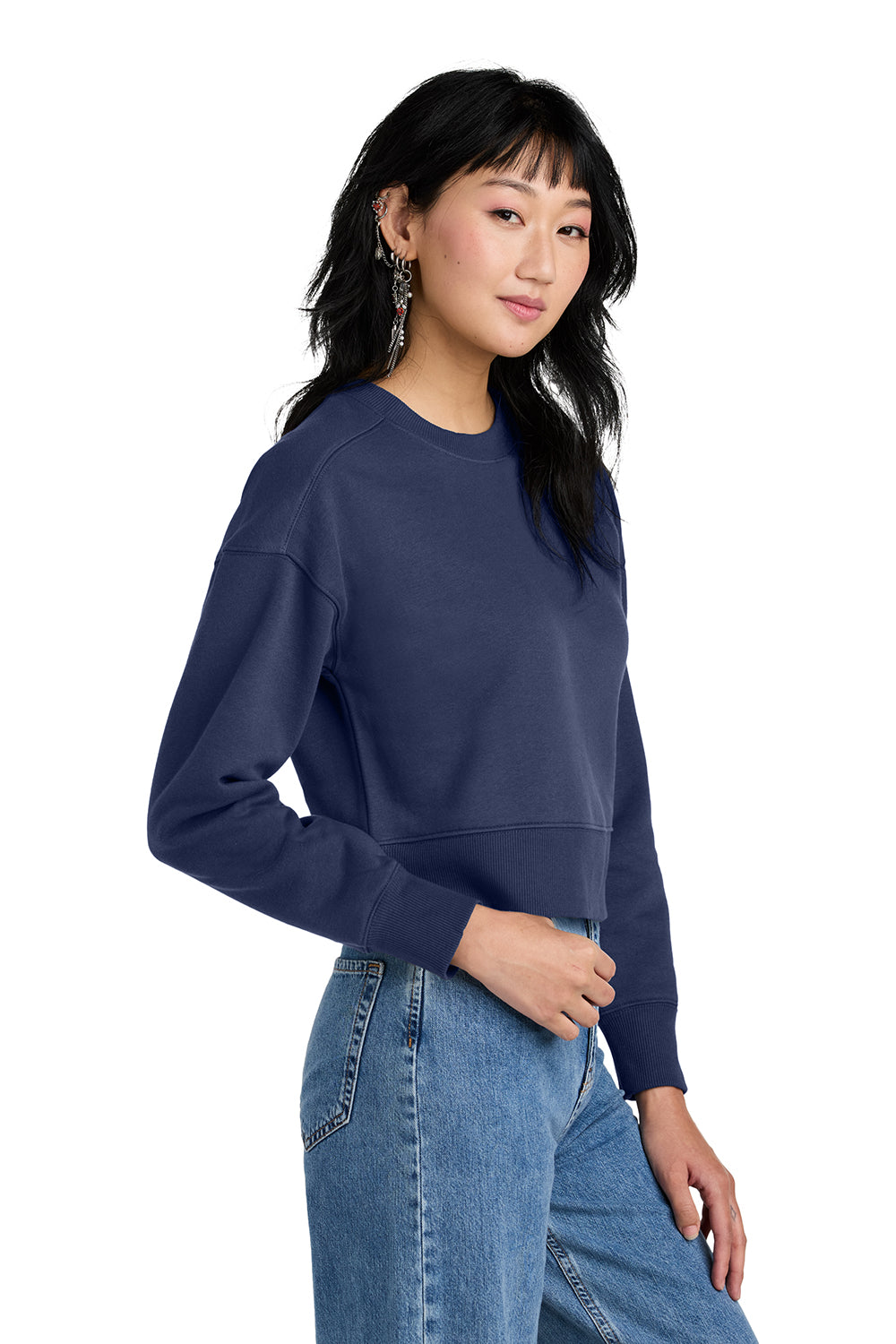 District DT1105 Womens Perfect Weight Fleece Cropped Crewneck Sweatshirt Tanzanite Blue Model Side