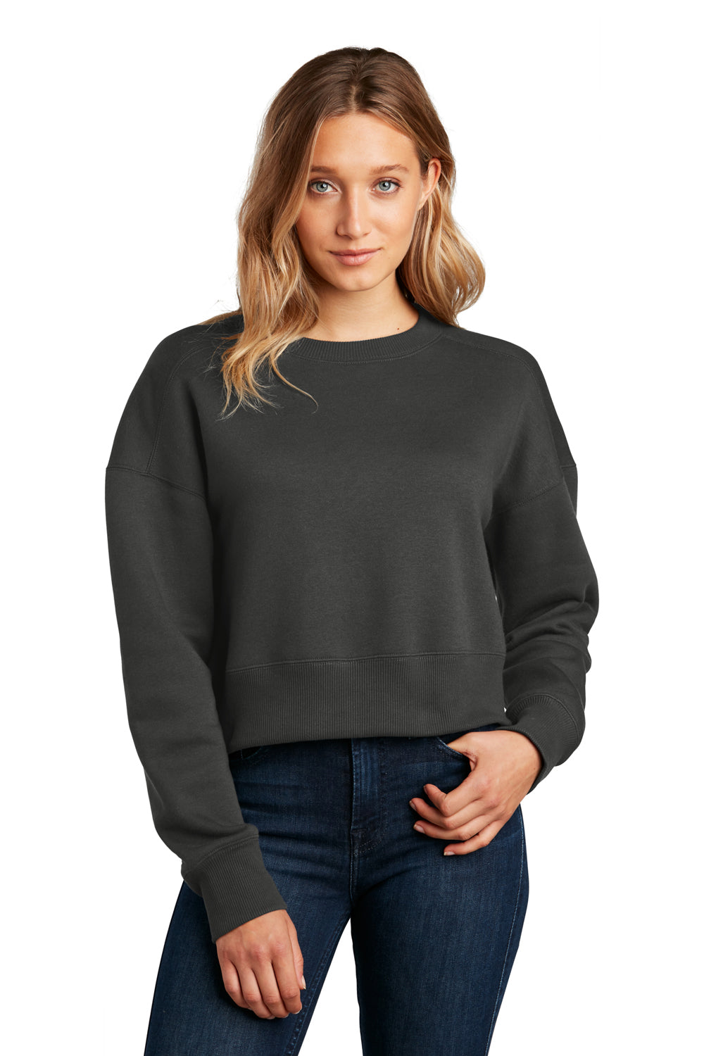 District DT1105 Womens Perfect Weight Fleece Cropped Crewneck Sweatshirt Charcoal Grey Model Front