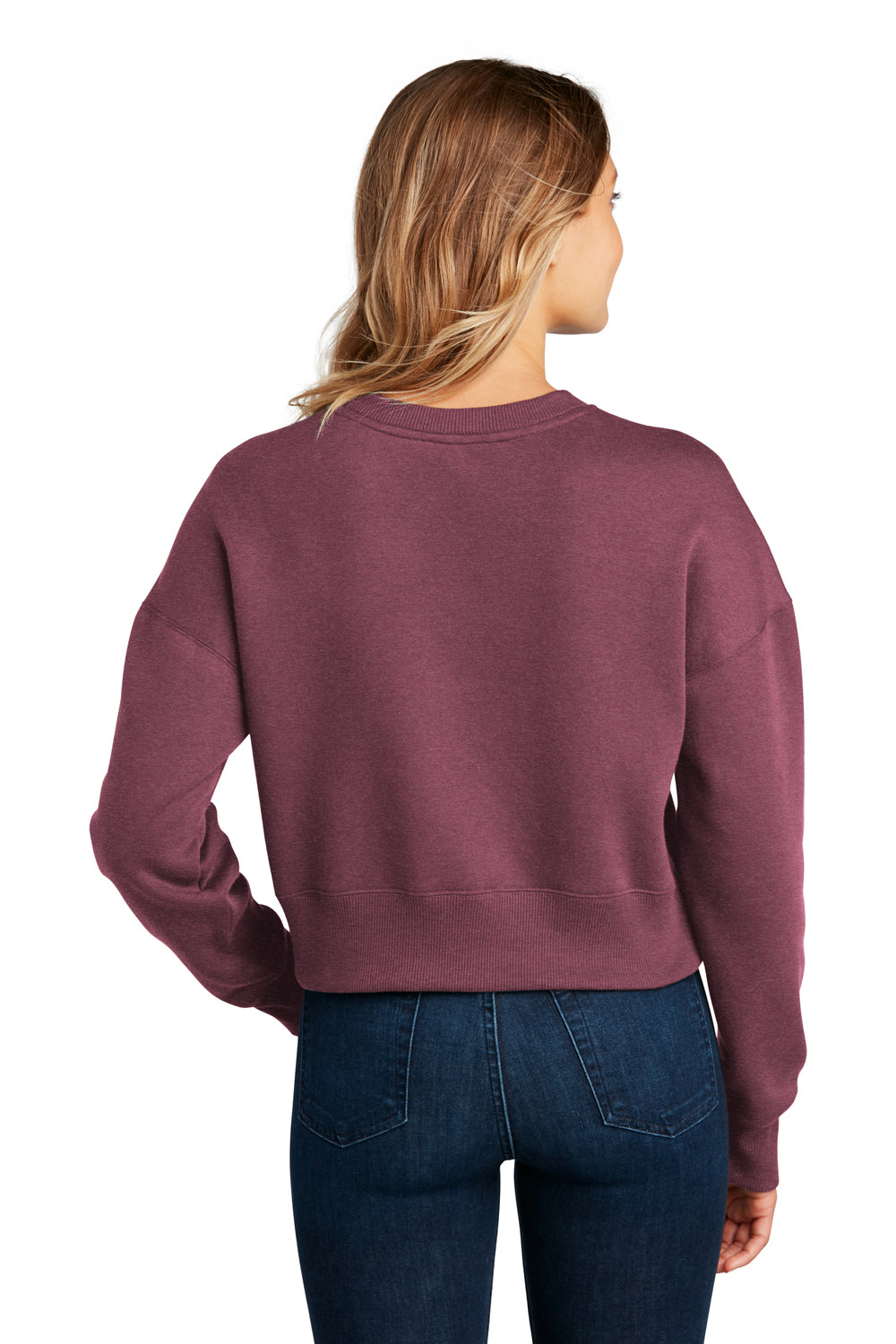 District DT1105 Womens Perfect Weight Fleece Cropped Crewneck Sweatshirt Heather Loganberry Model Back