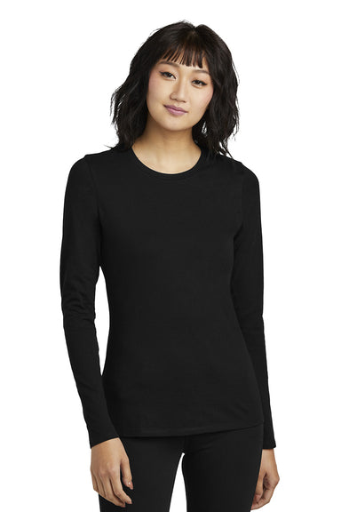 District DT110 Womens Perfect Blend CVC Long Sleeve Crewneck T-Shirt Black Model Front