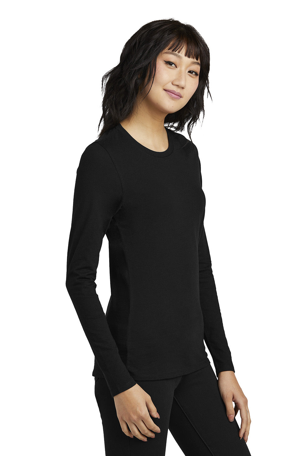 District DT110 Womens Perfect Blend CVC Long Sleeve Crewneck T-Shirt Black Model Side