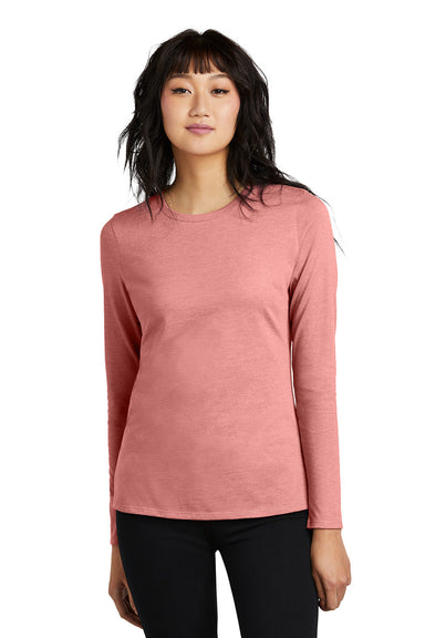 District DT110 Womens Perfect Blend CVC Long Sleeve Crewneck T-Shirt Blush Pink Frost Model Front