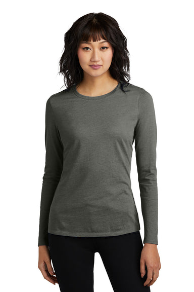 District DT110 Womens Perfect Blend CVC Long Sleeve Crewneck T-Shirt Heather Charcoal Grey Model Front