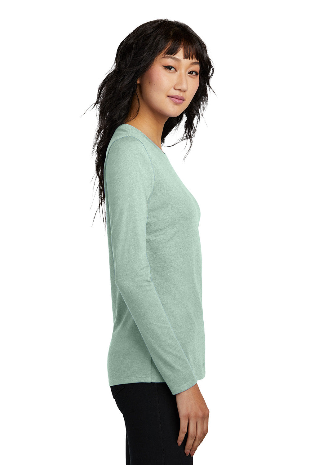 District DT110 Womens Perfect Blend CVC Long Sleeve Crewneck T-Shirt Heather Dusty Sage Green Model Side