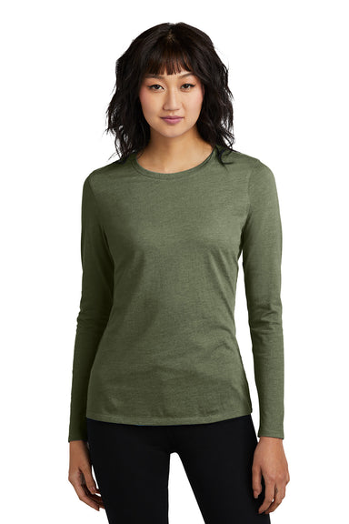 District DT110 Womens Perfect Blend CVC Long Sleeve Crewneck T-Shirt Heather Olive Green Model Front