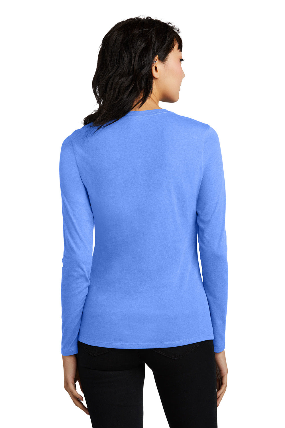 District DT110 Womens Perfect Blend CVC Long Sleeve Crewneck T-Shirt Heather Royal Blue Model Back