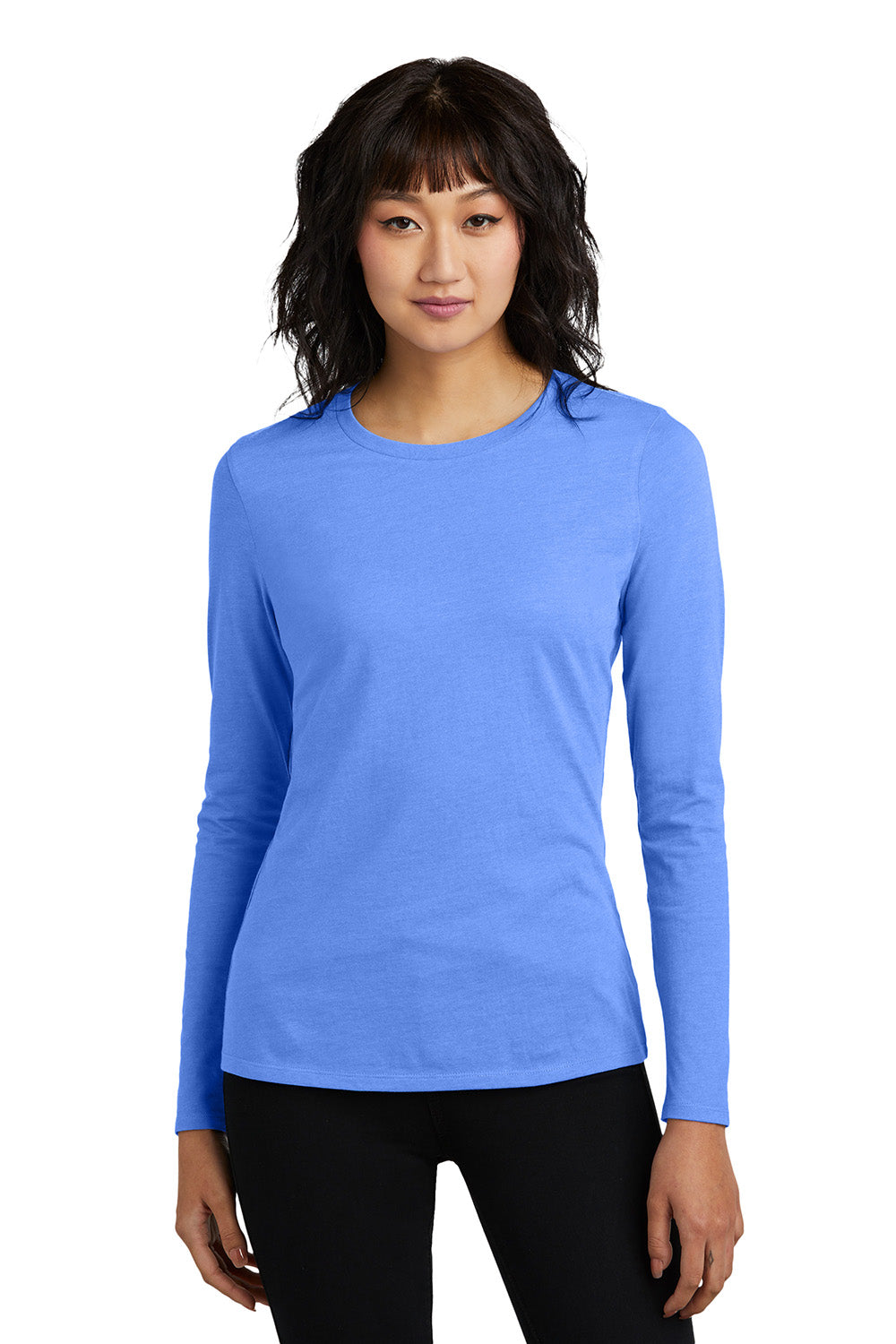 District DT110 Womens Perfect Blend CVC Long Sleeve Crewneck T-Shirt Heather Royal Blue Model Front